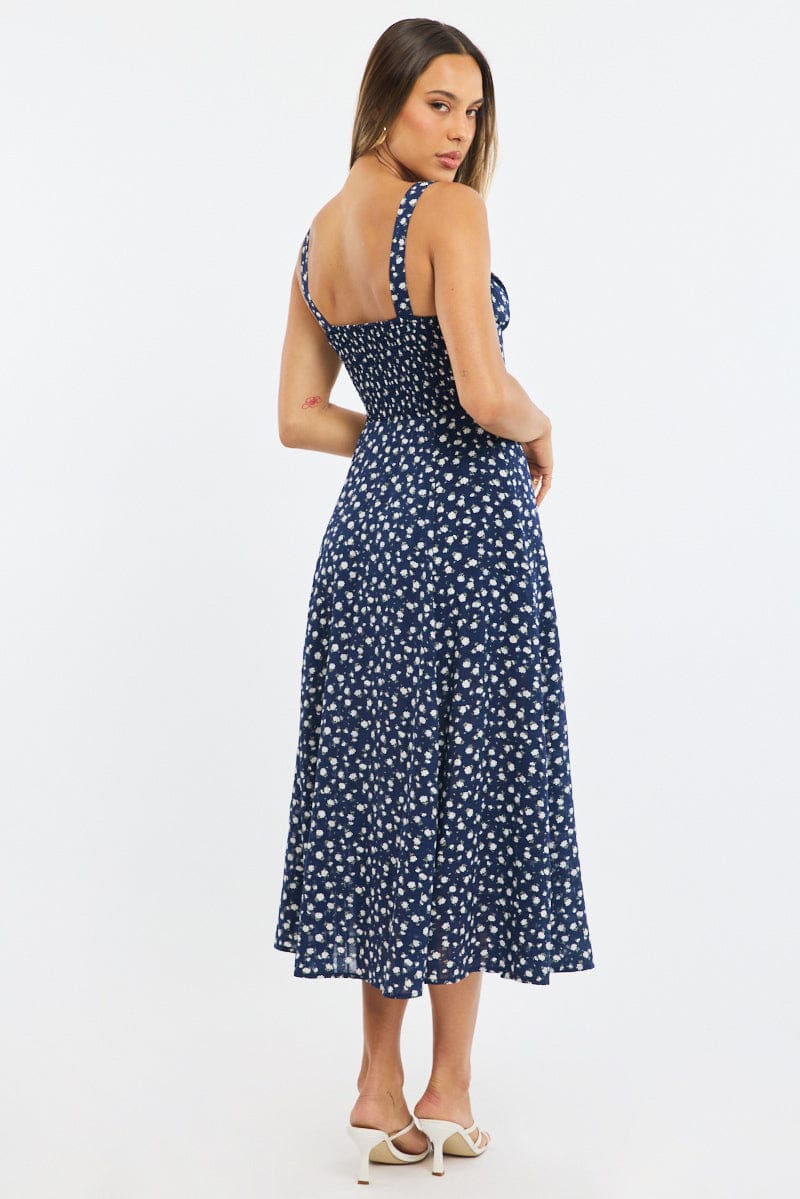 Blue Ditsy Midi Dress Ruched Bust