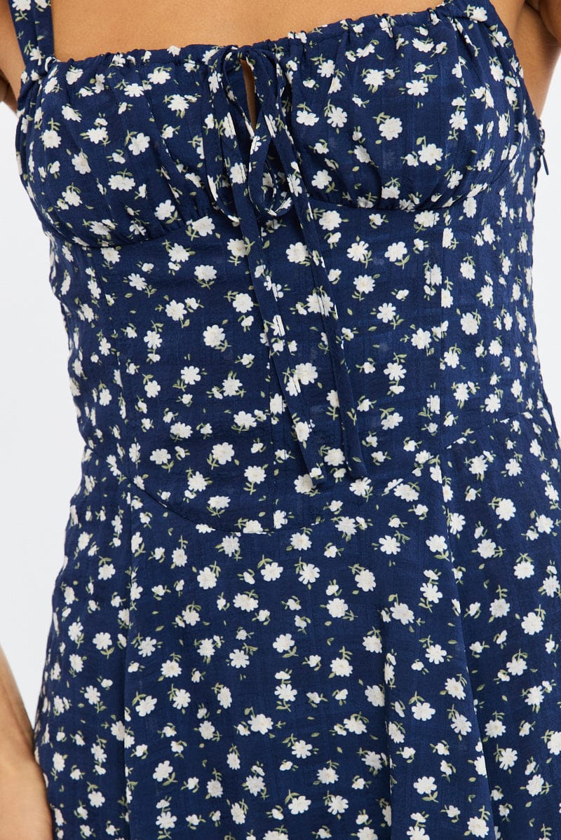 Blue Ditsy Midi Dress Ruched Bust