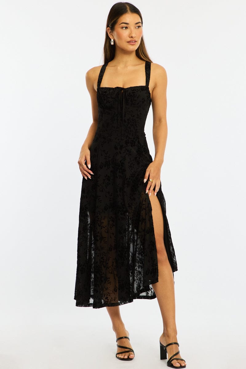 Black Midi Dress Ruched Bust