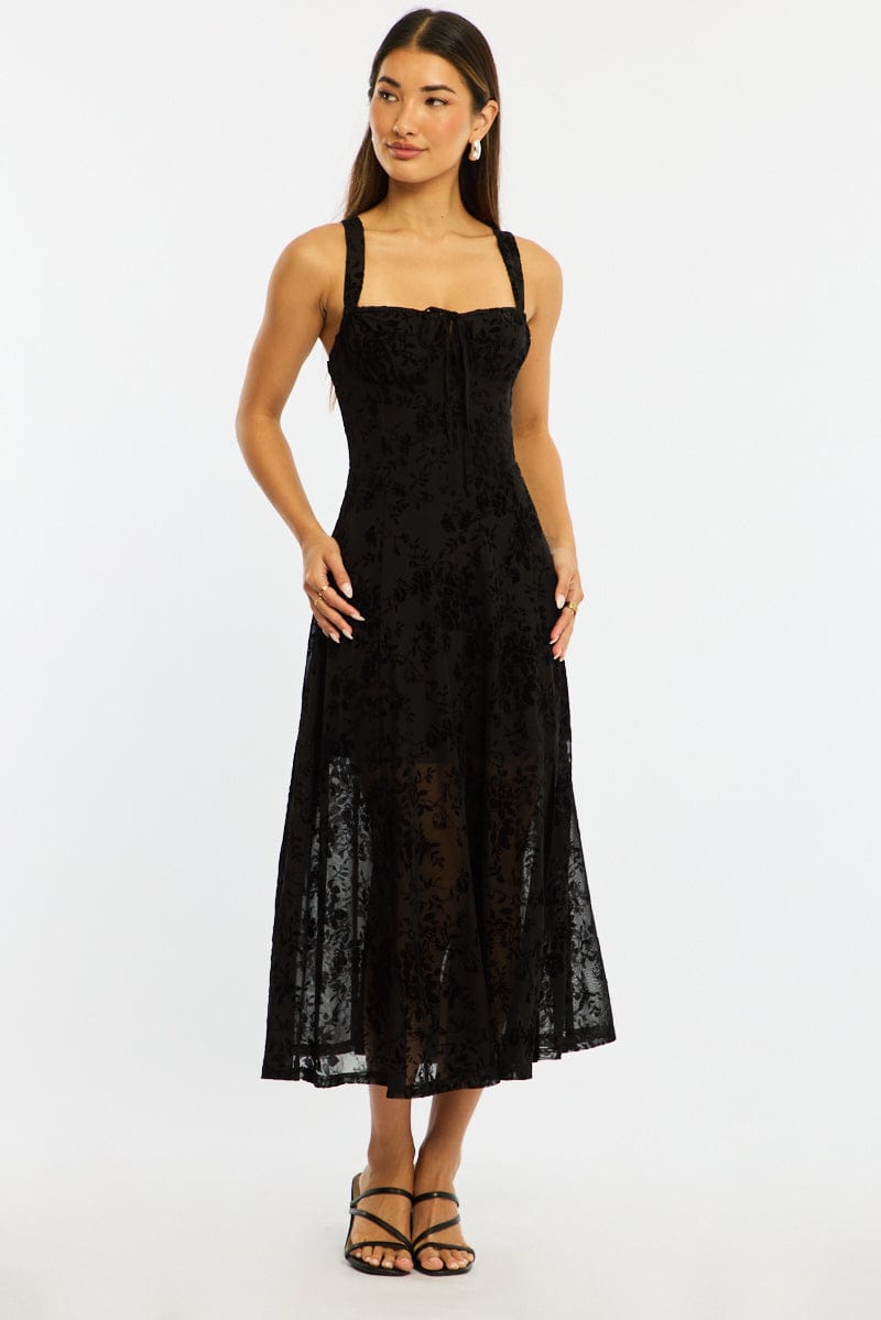Black Midi Dress Ruched Bust