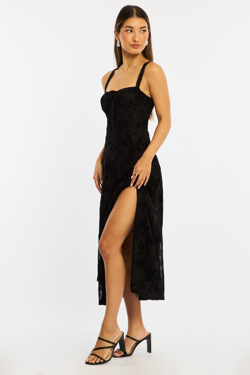 Black Midi Dress Ruched Bust