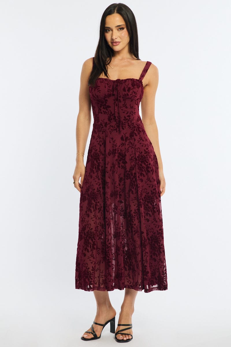 Red Midi Dress Ruched Bust