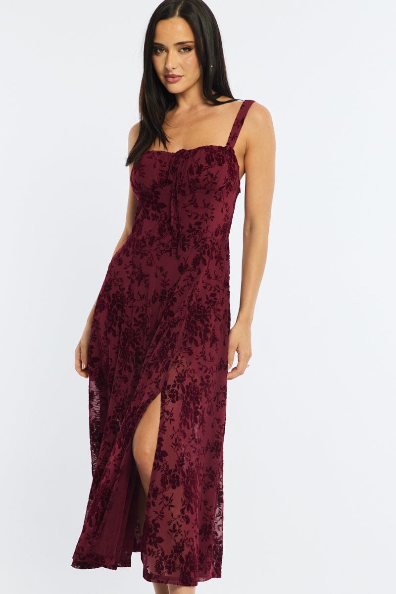Red Midi Dress Ruched Bust