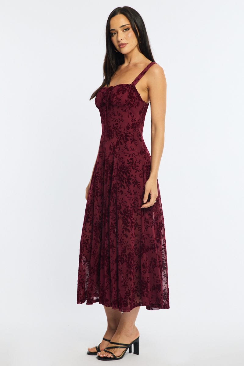 Red Midi Dress Ruched Bust