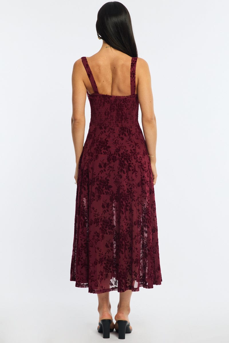 Red Midi Dress Ruched Bust
