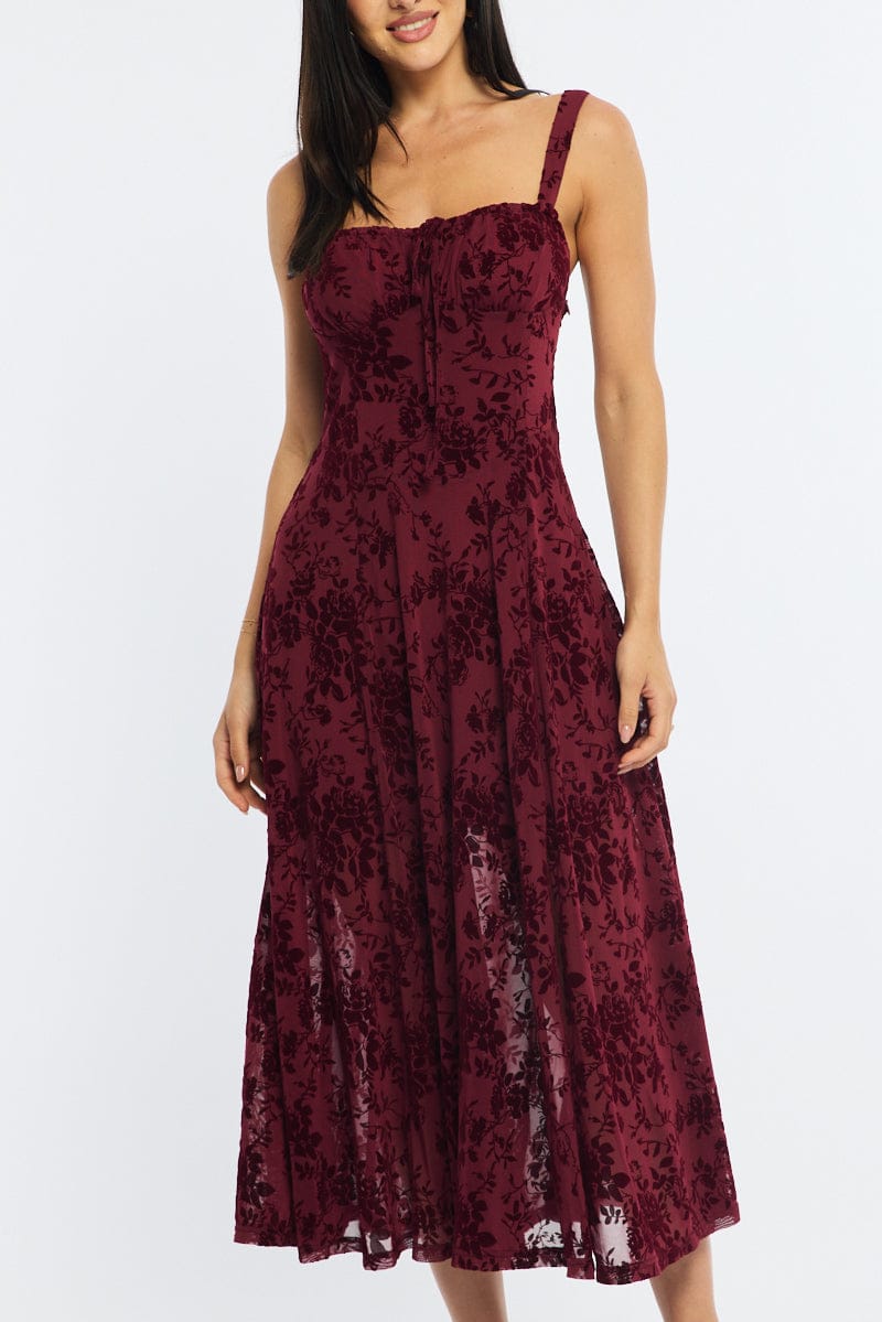 Red Midi Dress Ruched Bust