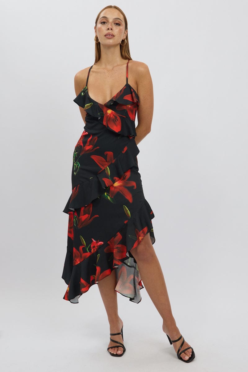 Black Floral Midi Dress Ruffle