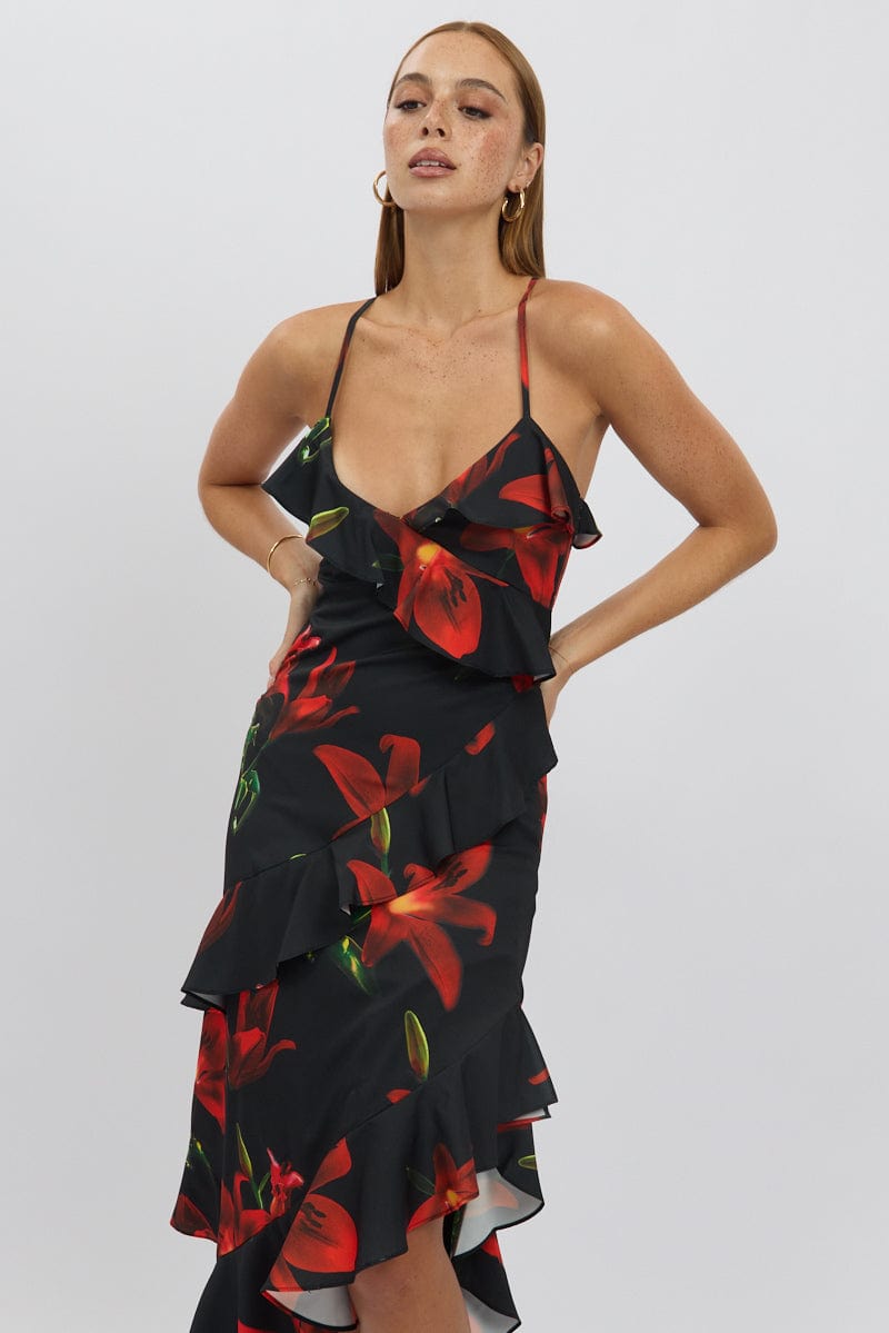 Black Floral Midi Dress Ruffle