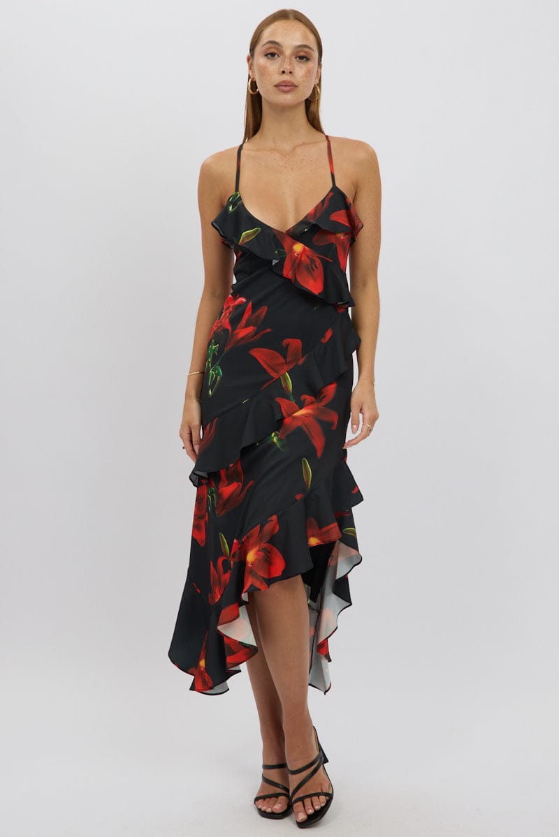 Black Floral Midi Dress Ruffle