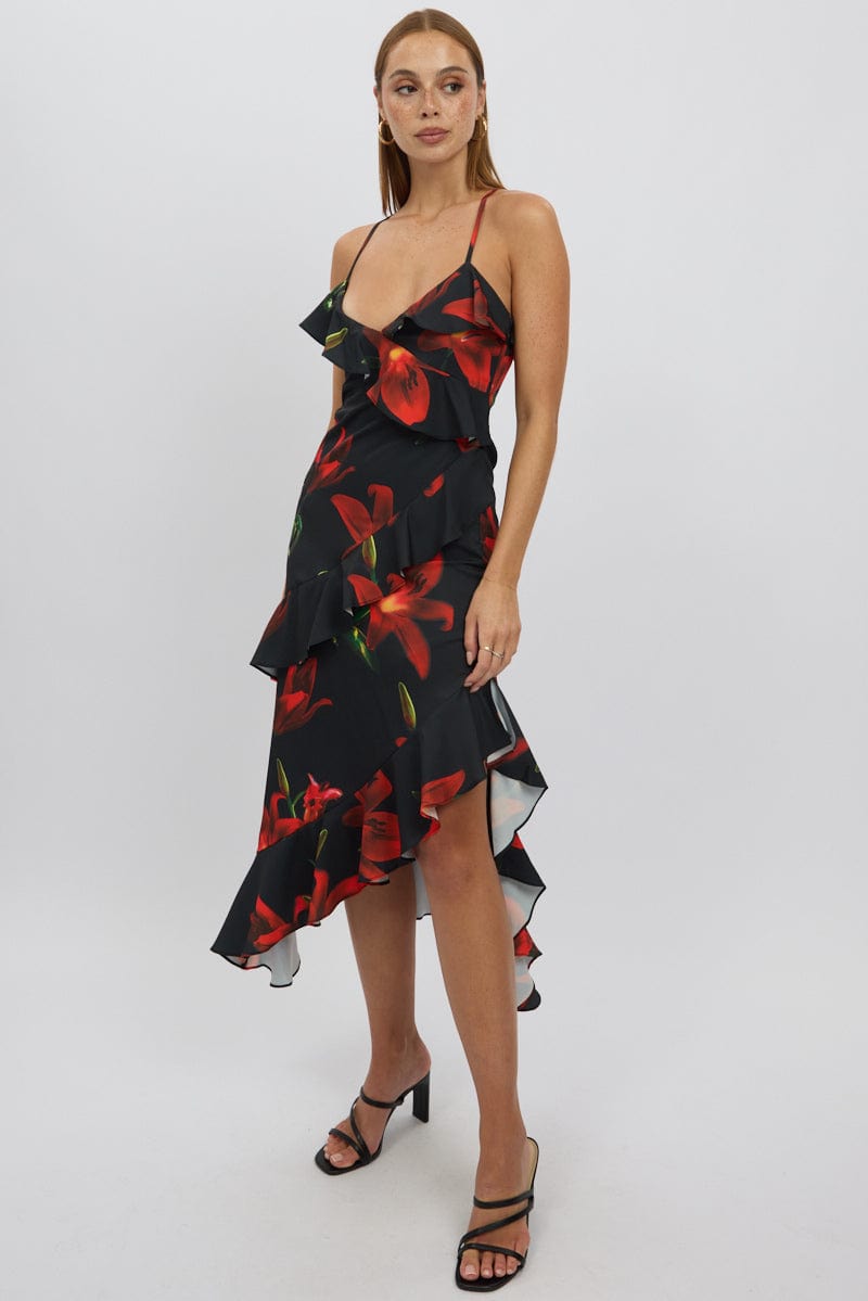 Black Floral Midi Dress Ruffle