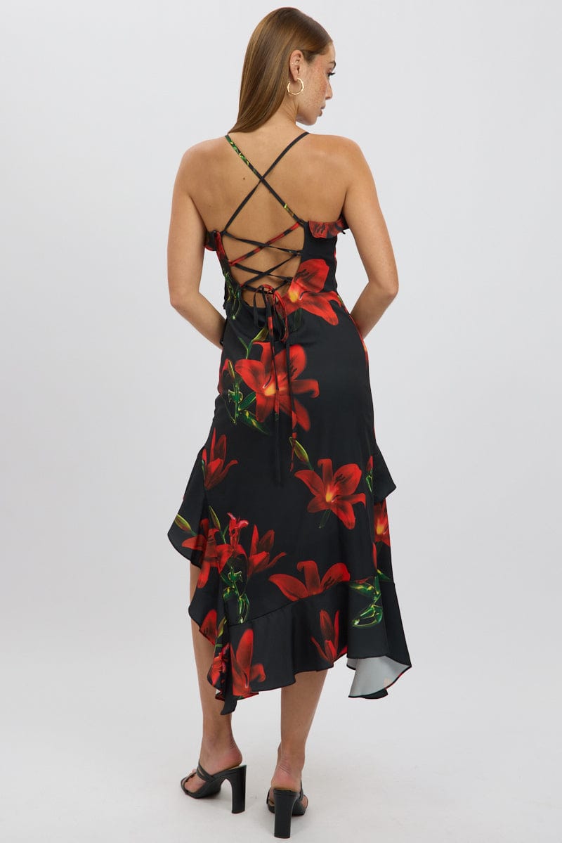 Black Floral Midi Dress Ruffle