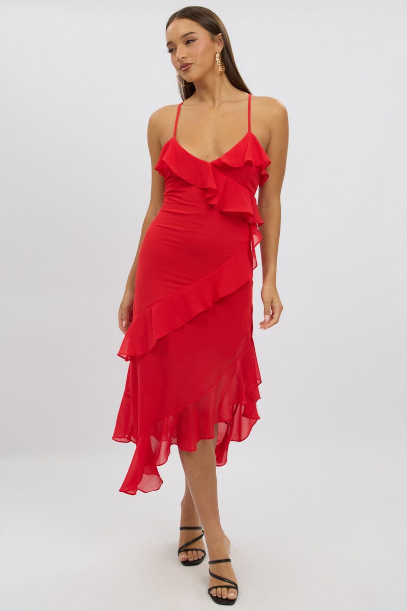 Red Midi Dress Ruffle