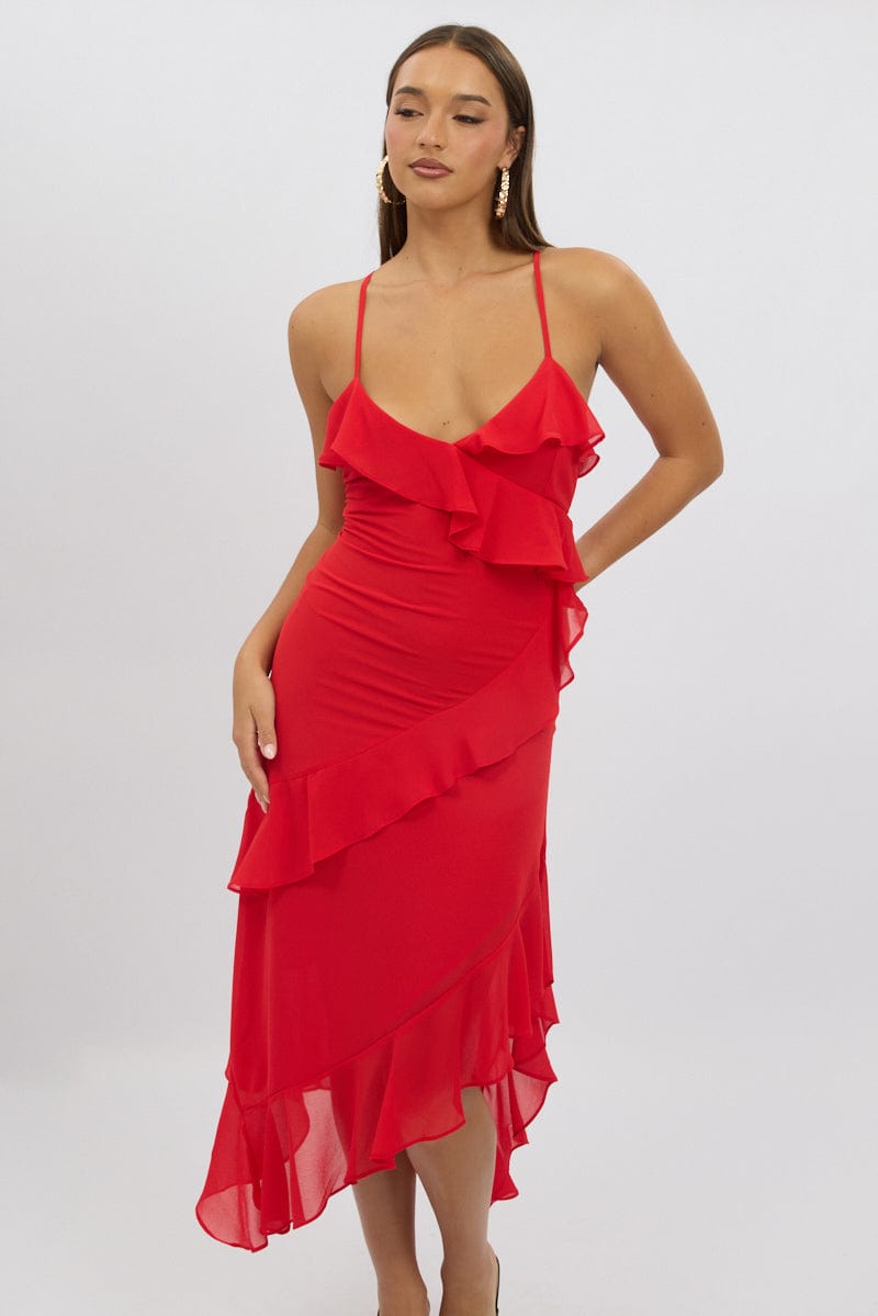 Red Midi Dress Ruffle