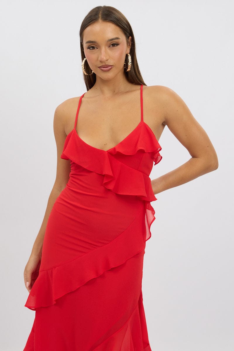 Red Midi Dress Ruffle