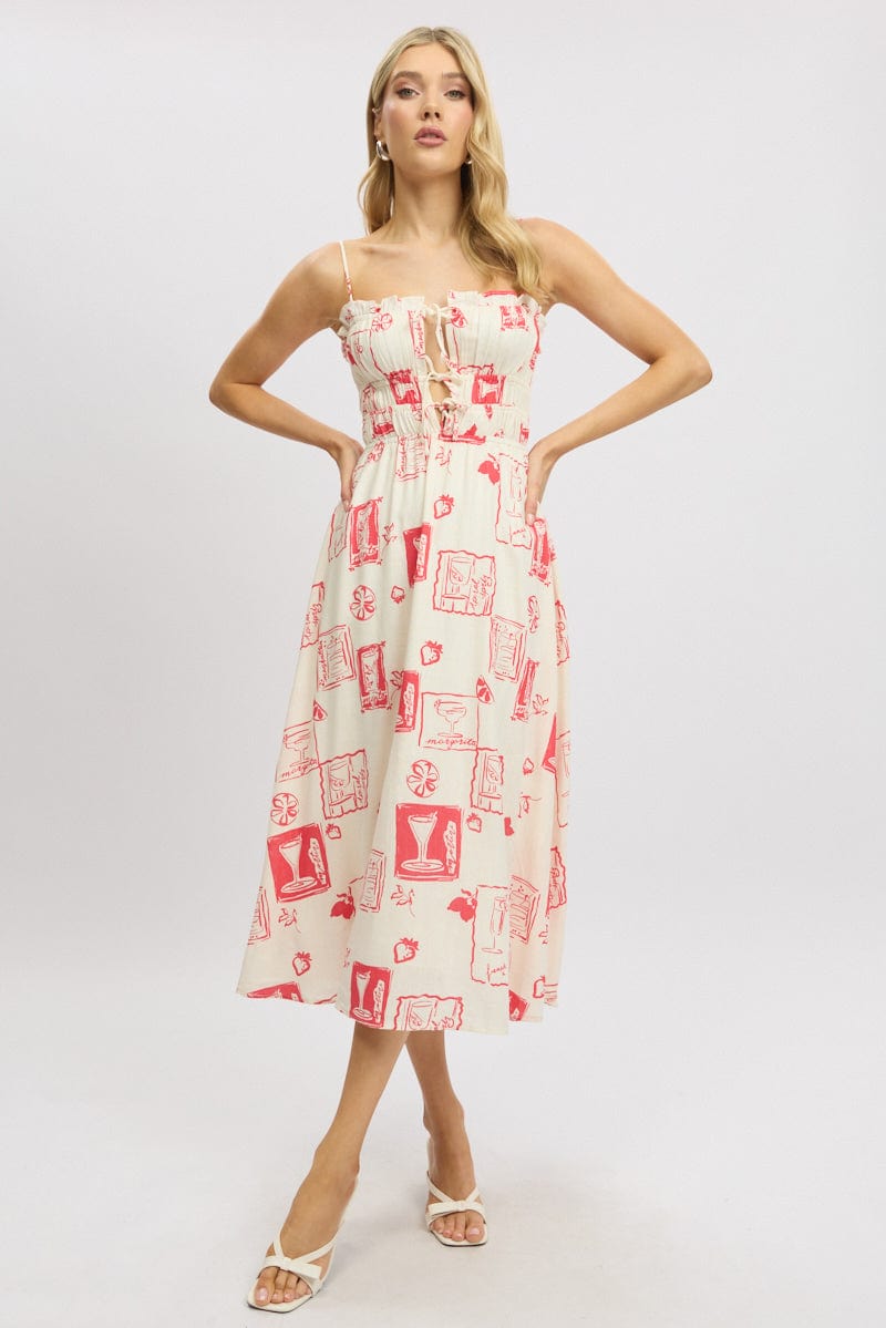 Red Abstract Midi Dress Ribbon Strappy