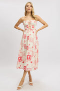 Red Abstract Midi Dress Ribbon Strappy