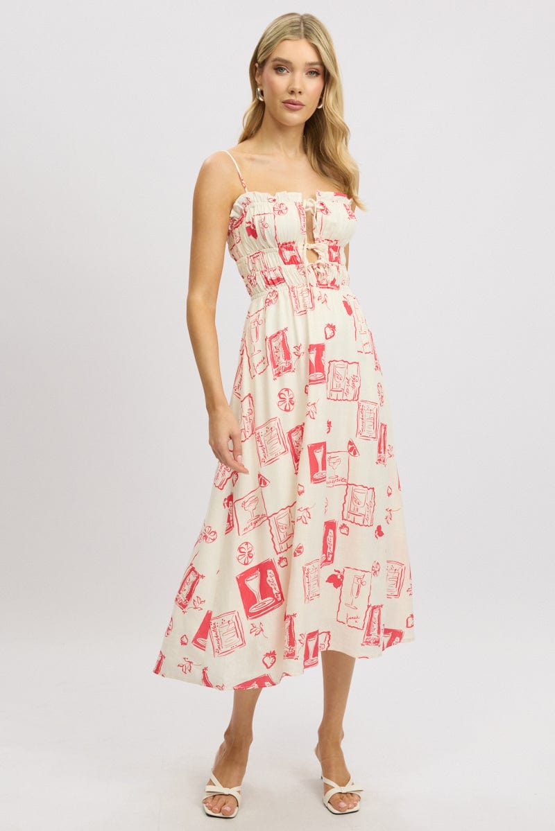 Red Abstract Midi Dress Ribbon Strappy