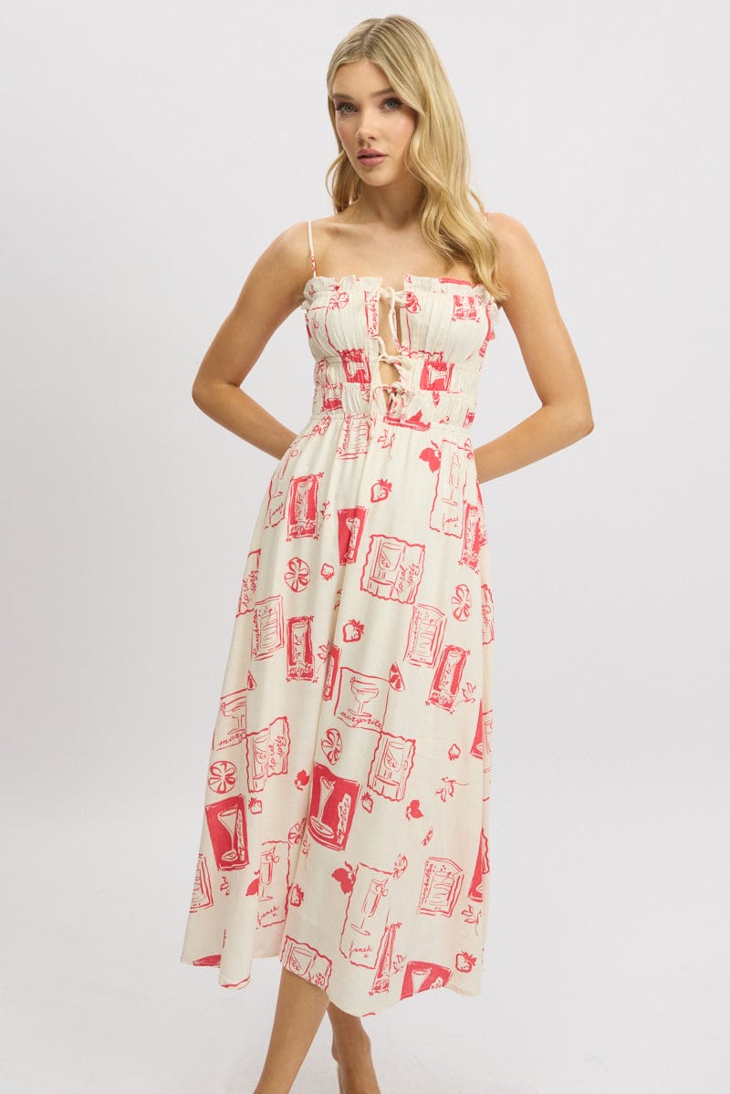 Red Abstract Midi Dress Ribbon Strappy