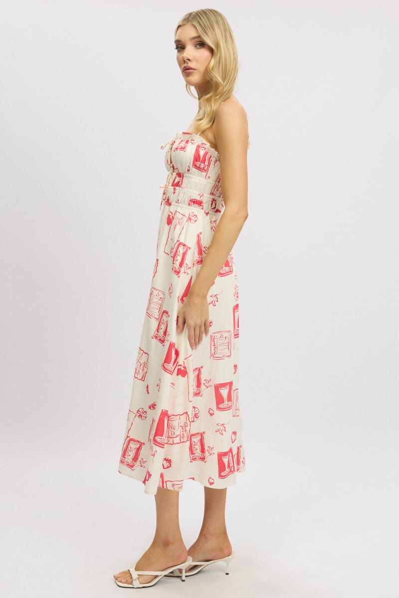 Red Abstract Midi Dress Ribbon Strappy
