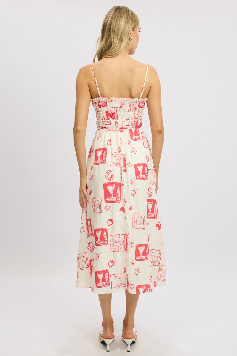 Red Abstract Midi Dress Ribbon Strappy