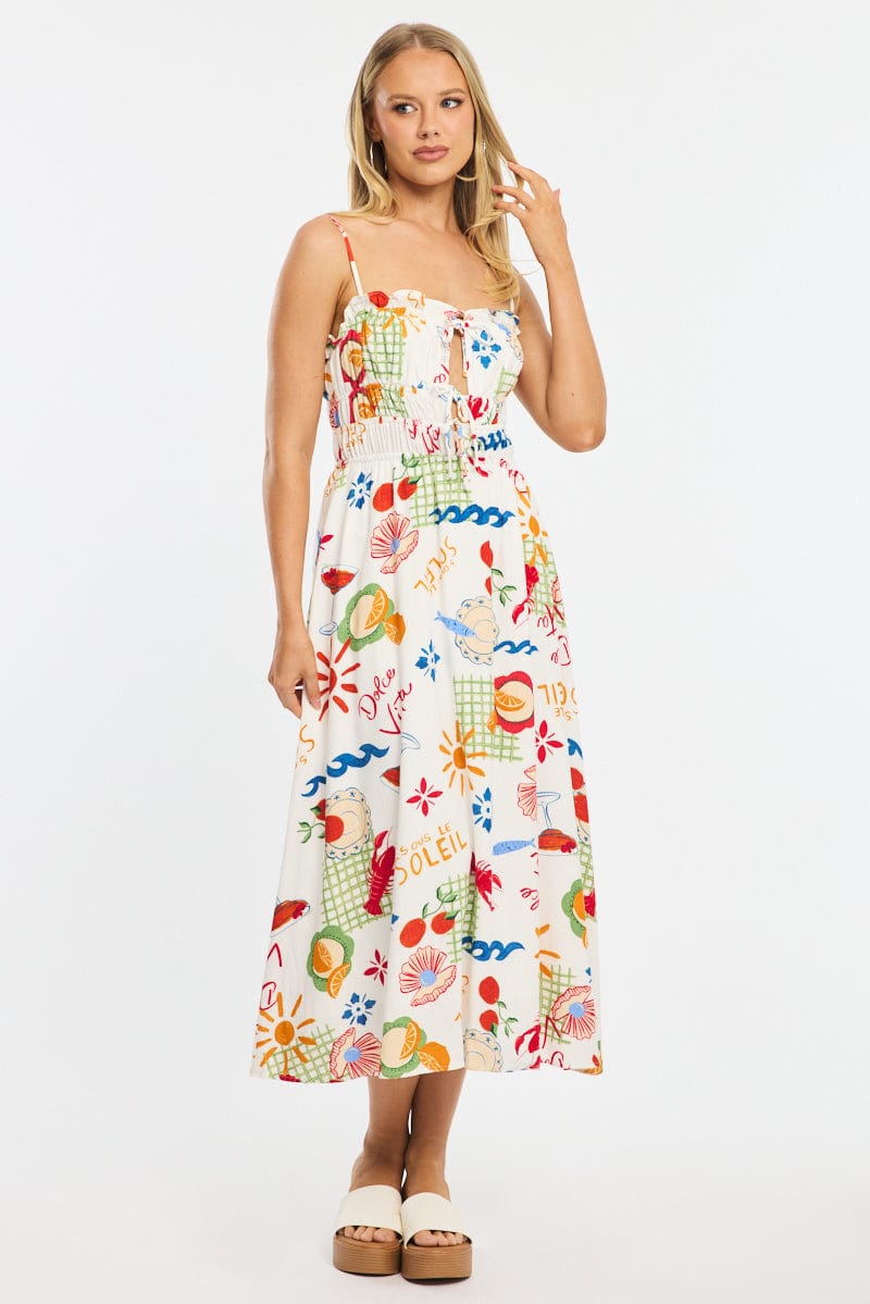 Red Abstract Midi Dress Ribbon Strappy