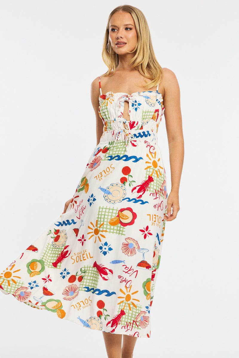 Red Abstract Midi Dress Ribbon Strappy