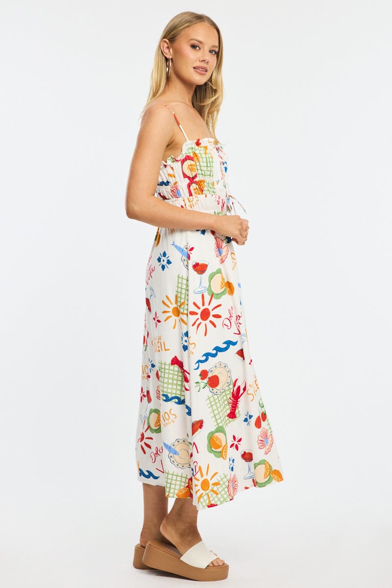Red Abstract Midi Dress Ribbon Strappy