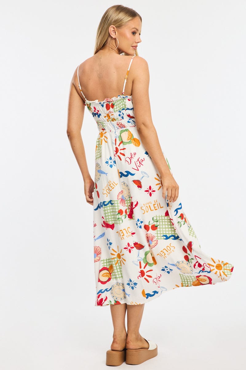 Red Abstract Midi Dress Ribbon Strappy