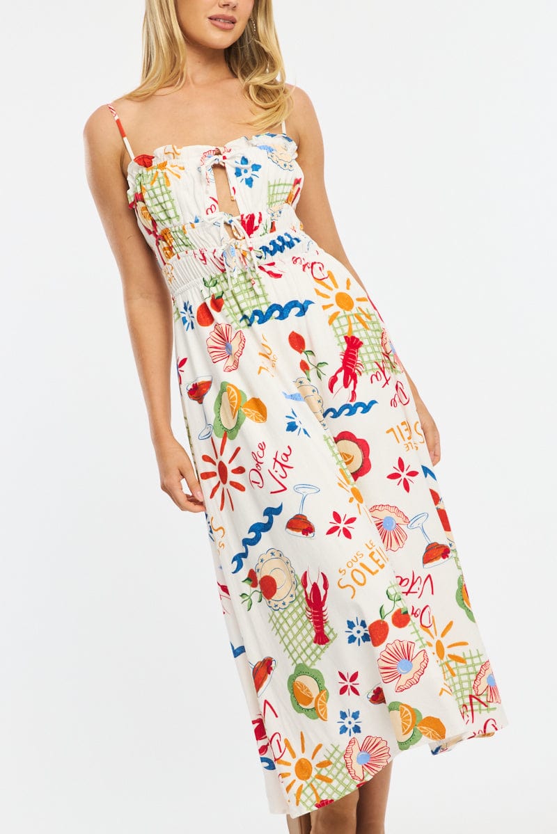 Red Abstract Midi Dress Ribbon Strappy