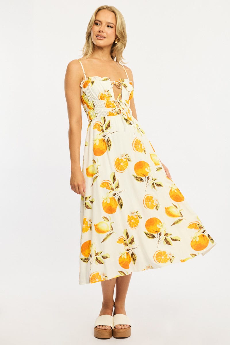 Orange Abstract Midi Dress Ribbon Strappy