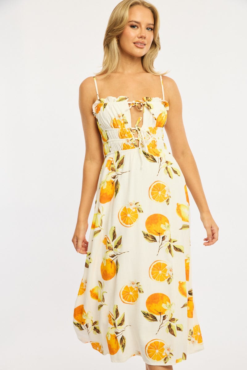 Orange Abstract Midi Dress Ribbon Strappy