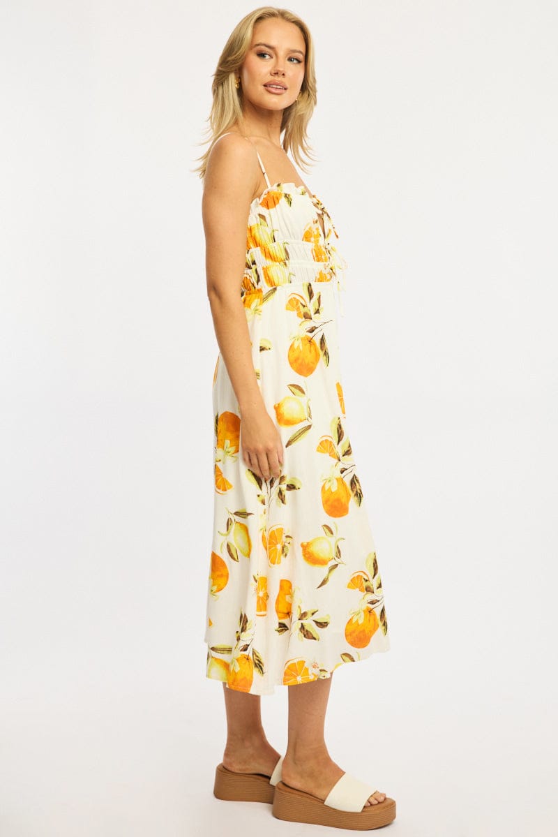 Orange Abstract Midi Dress Ribbon Strappy