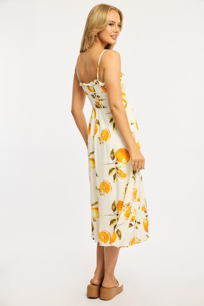 Orange Abstract Midi Dress Ribbon Strappy