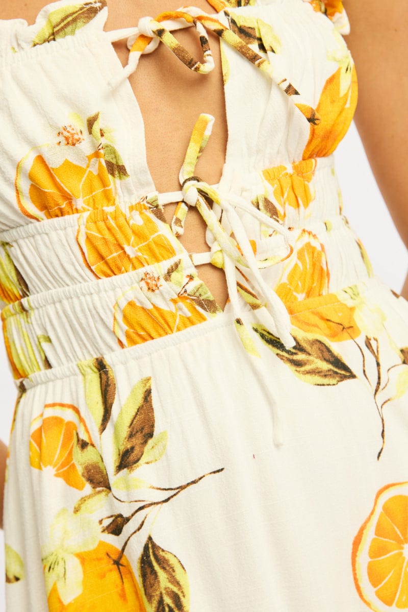 Orange Abstract Midi Dress Ribbon Strappy