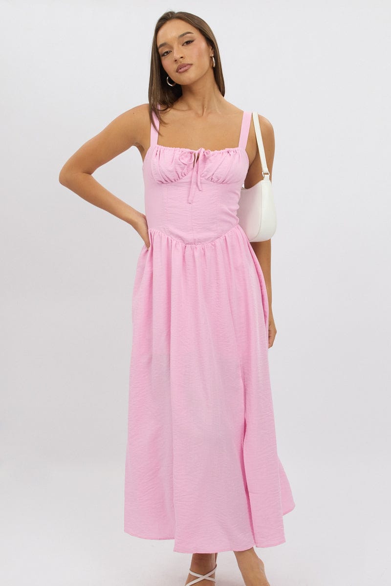 Pink Midi Dress Gathering Bust Corset