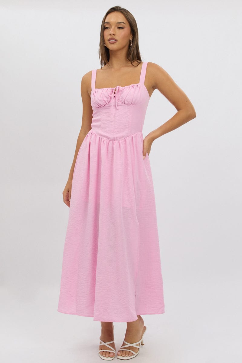 Pink Midi Dress Gathering Bust Corset