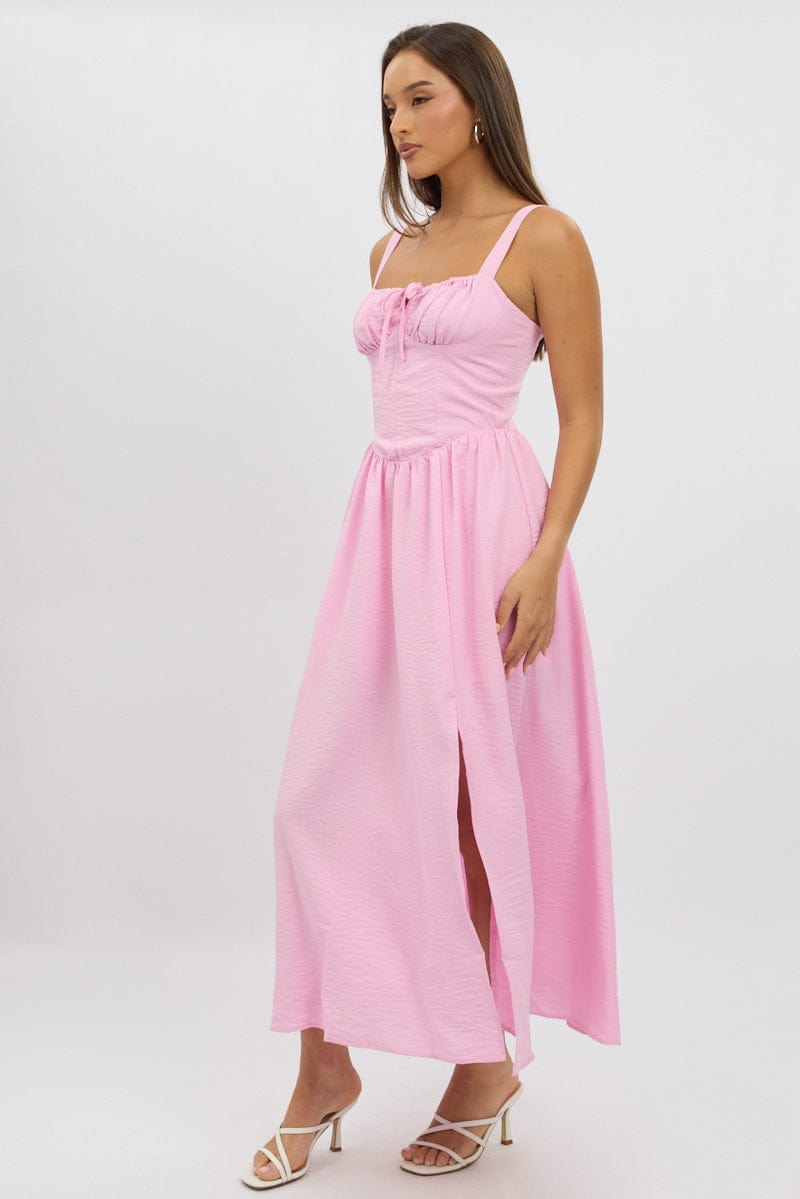 Pink Midi Dress Gathering Bust Corset