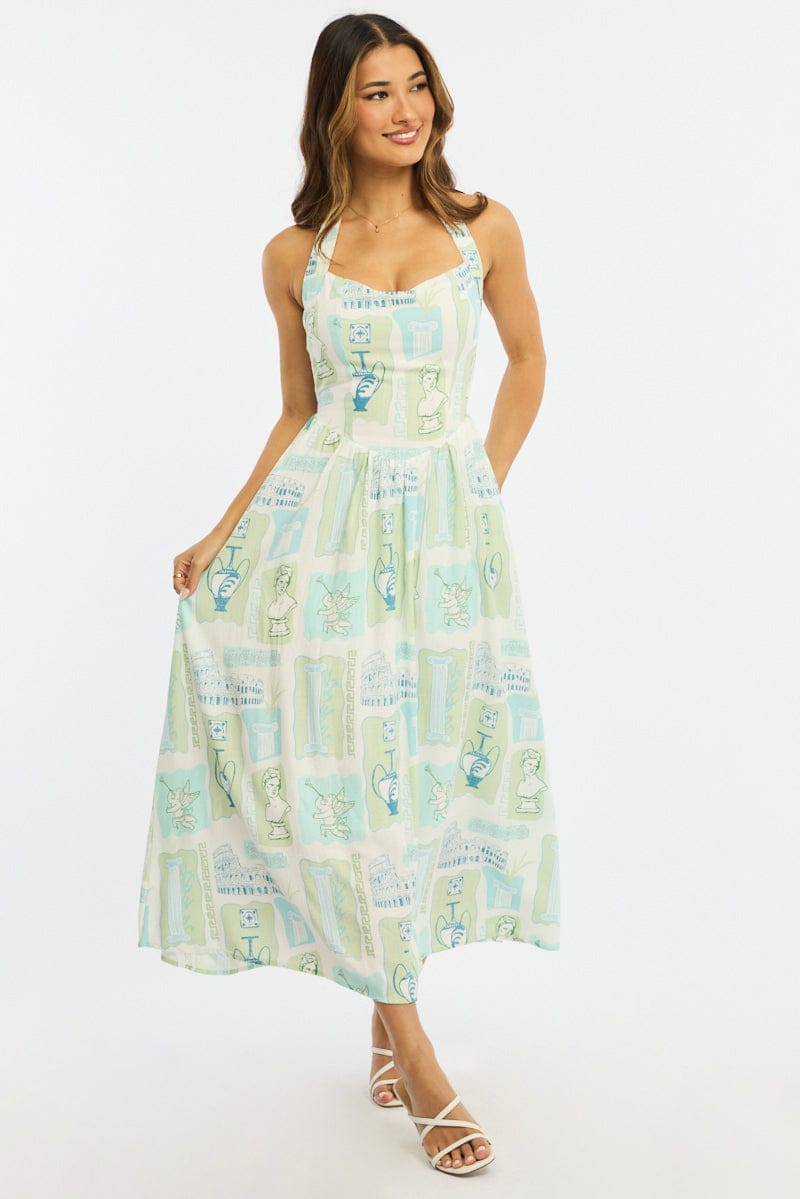Green Abstract Maxi Dress Halter Neck