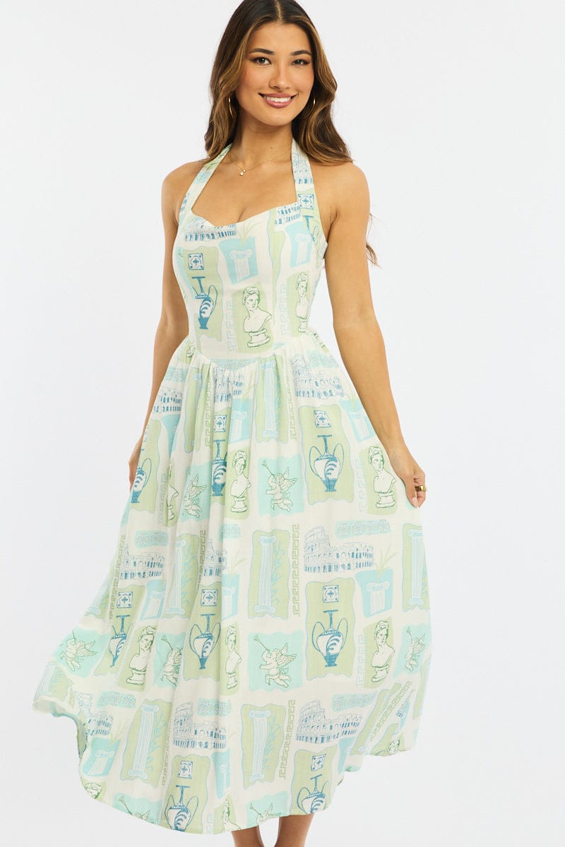 Green Abstract Maxi Dress Halter Neck