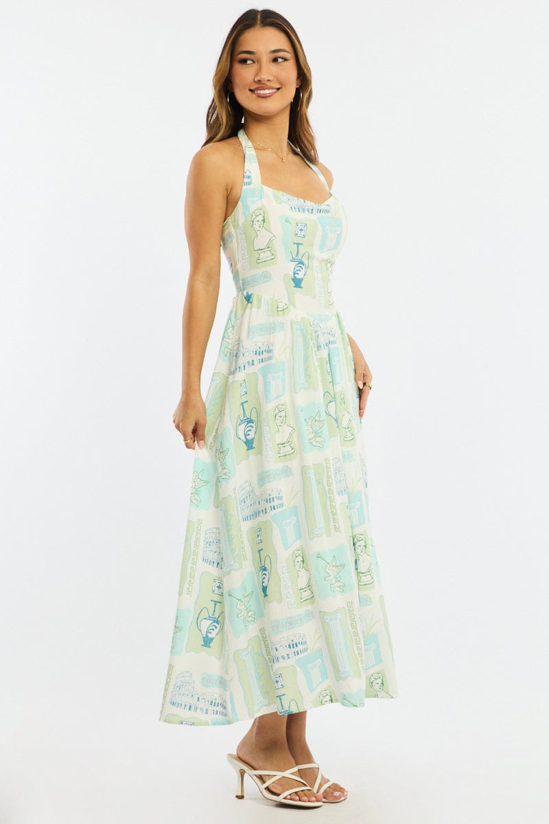 Green Abstract Maxi Dress Halter Neck