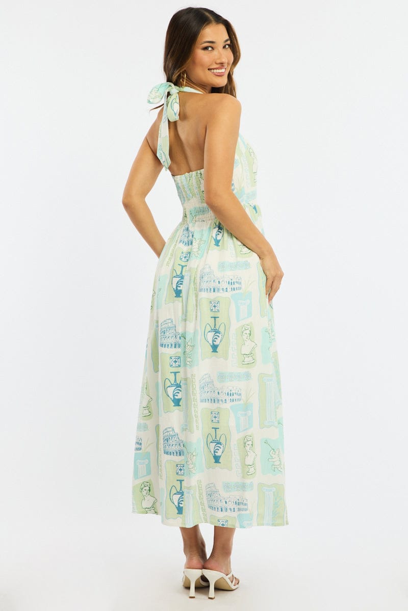 Green Abstract Maxi Dress Halter Neck