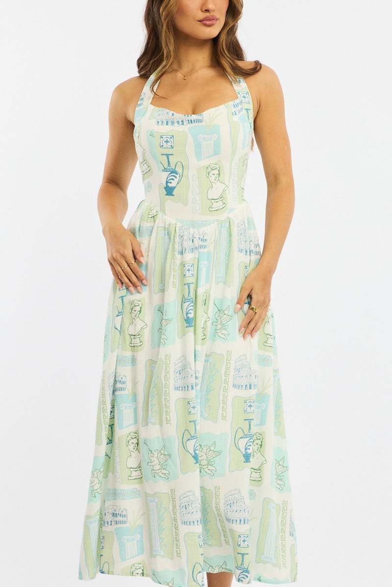 Green Abstract Maxi Dress Halter Neck