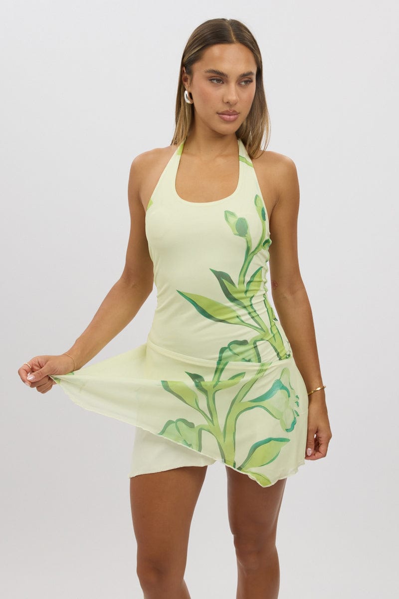 Yellow Floral Mini Dress Halter Neck Mesh