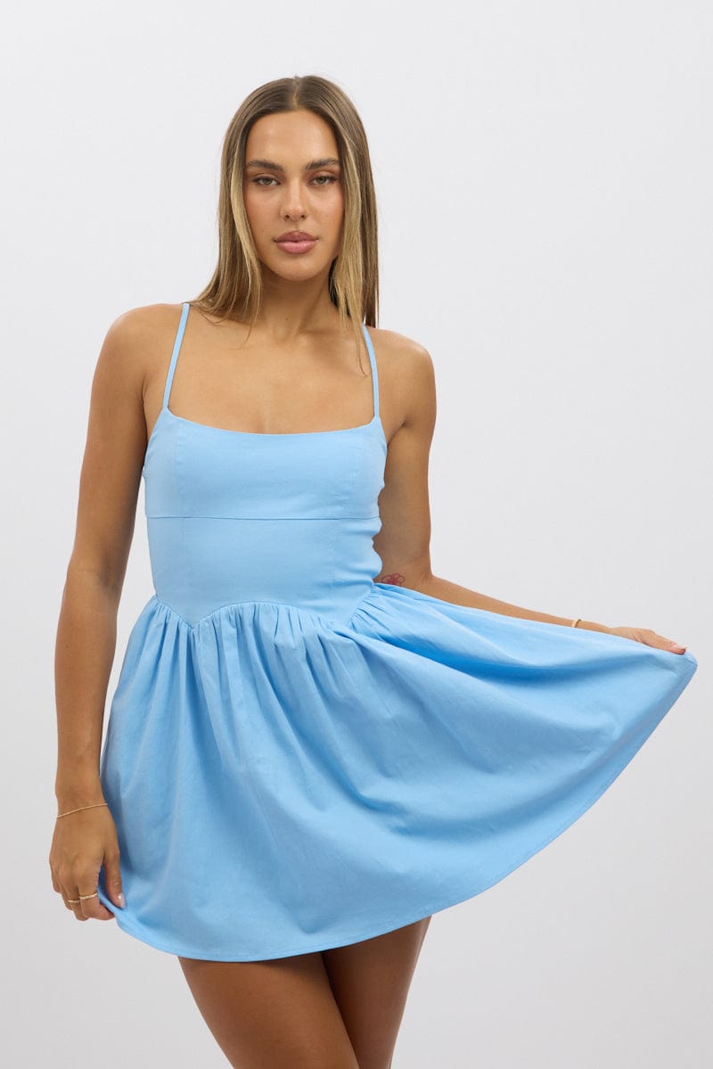 Blue Fit And Flare Dress Mini