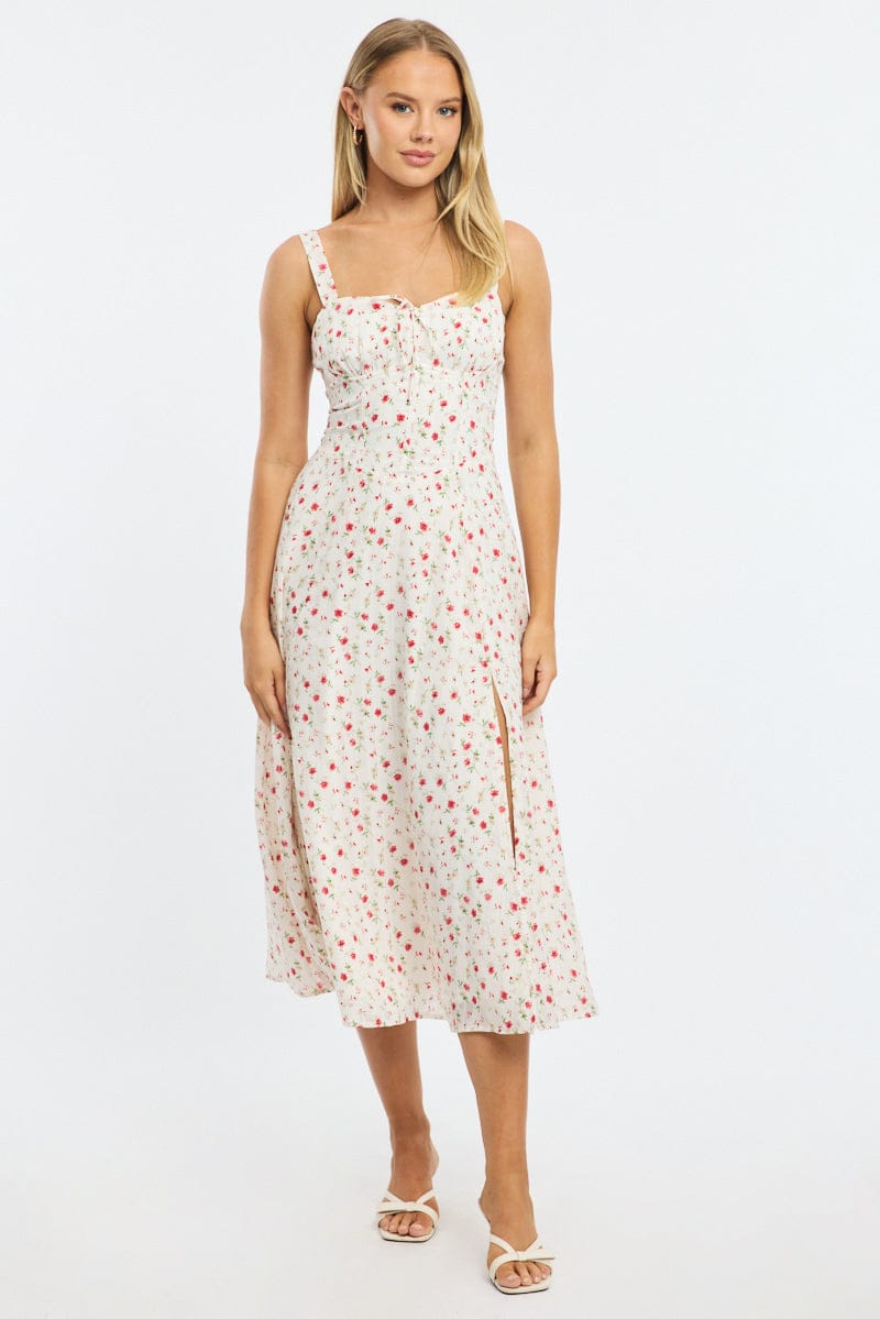 Red Ditsy Midi Dress Gathered Bust
