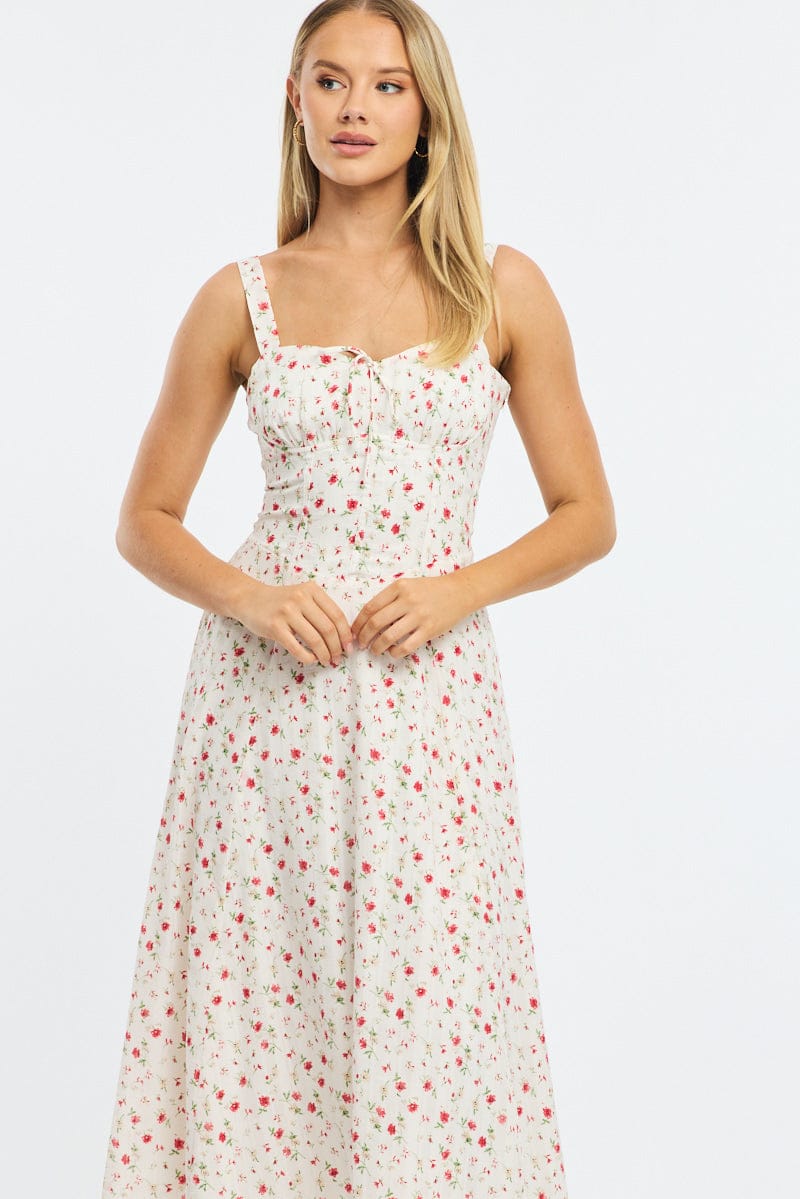 Red Ditsy Midi Dress Gathered Bust