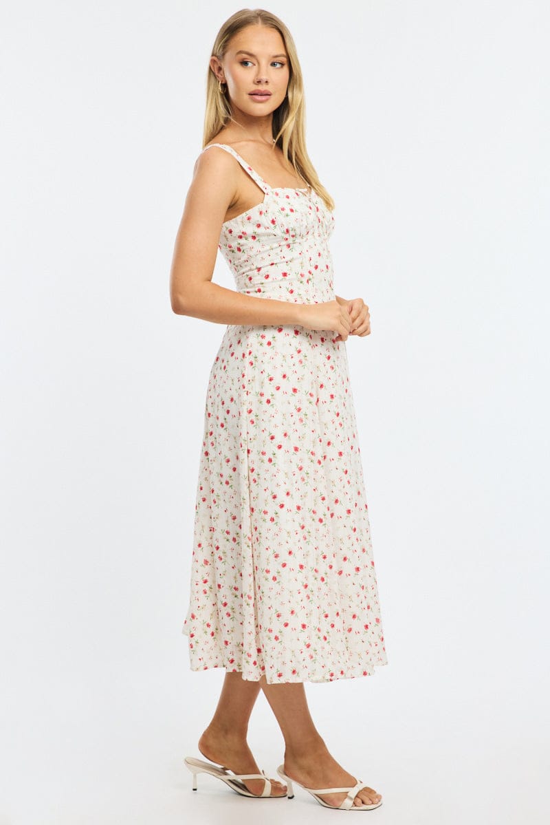 Red Ditsy Midi Dress Gathered Bust