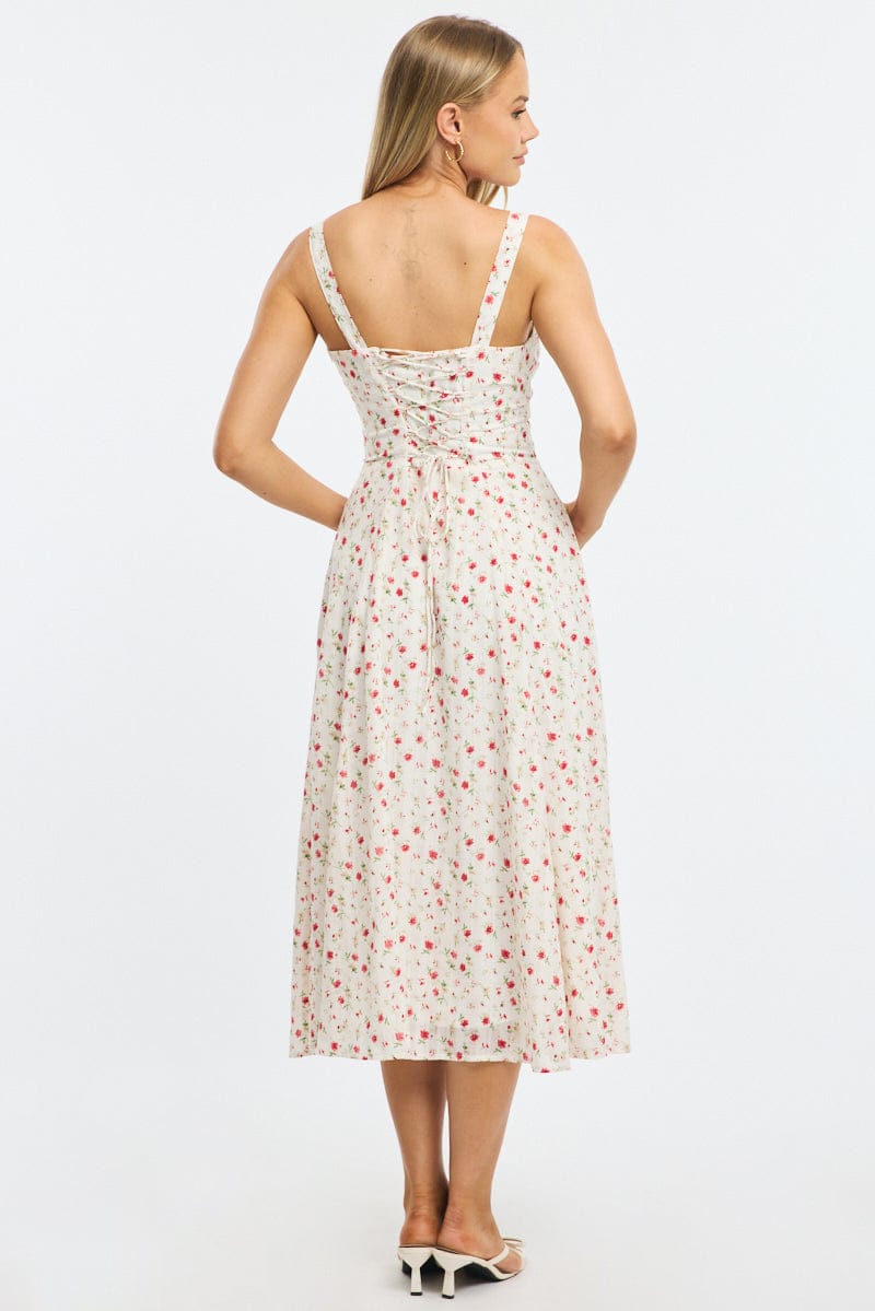 Red Ditsy Midi Dress Gathered Bust