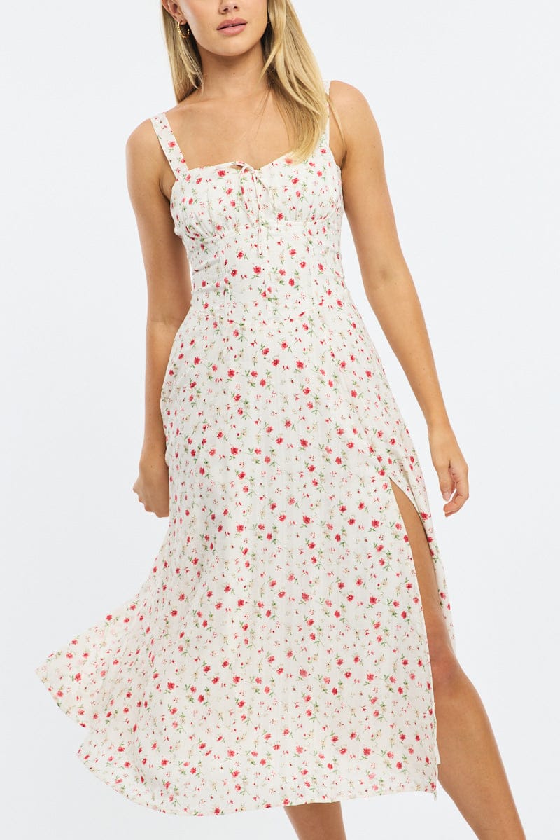 Red Ditsy Midi Dress Gathered Bust