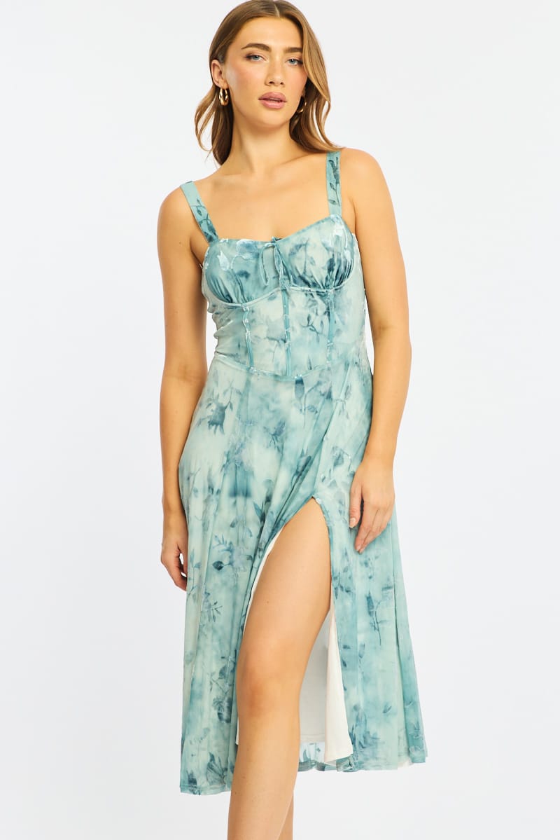 Blue Floral Midi Dress Gathered Bust